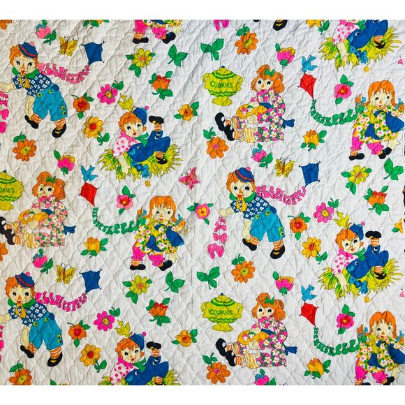 VTG Raggedy Ann Andy Ragdoll Calico Quilted Fabric Mod Bright 40x40 EUC - Picture 1 of 4